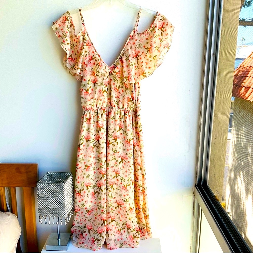 Vintage Pink and Green Floral Flowy Midi Dress